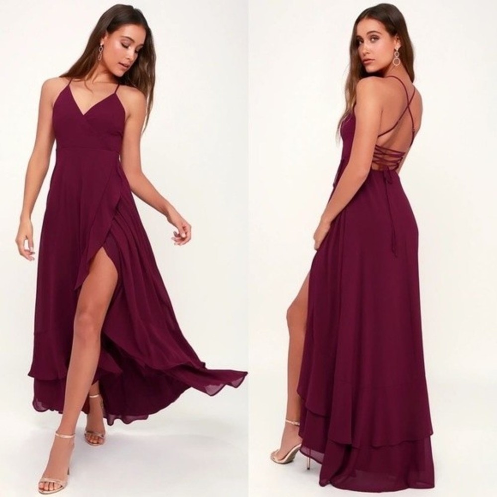 Lulus In Love Forever Burgundy Lace-Up High-Low Maxi Dress Size Medium